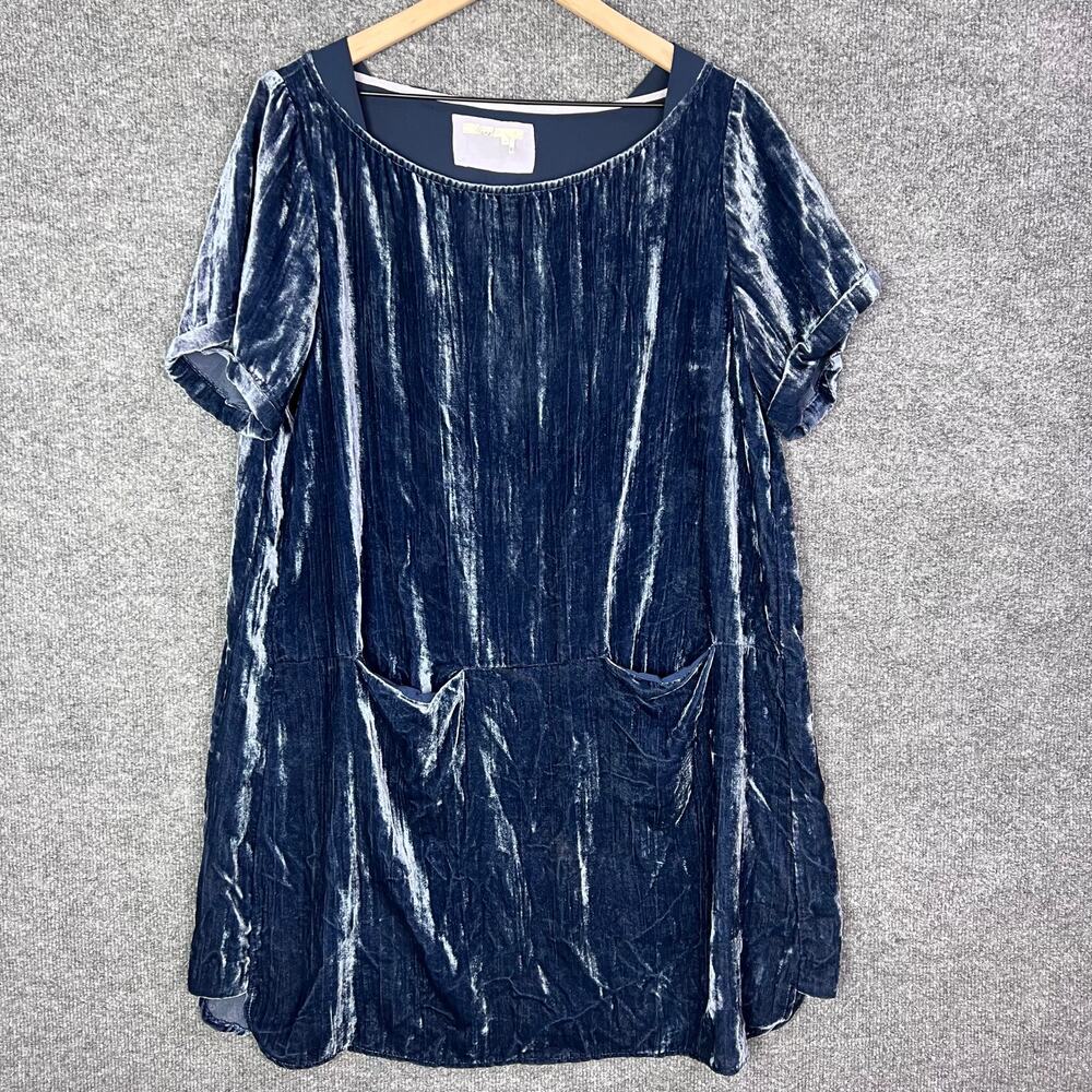 Anthropologie‎ Floreat Crushed Velvet Shirt Dress Pockets Blue Large Petite